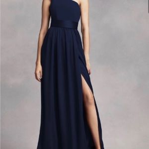 White by Vera Wang one-shoulder navy dress. For person 5’4” and shorter.
